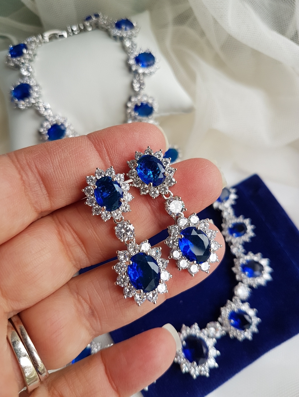 Swarovski Elements Platinum Plated Sapphire Blue Diana Drop Earrings NEW - Picture 9 of 17